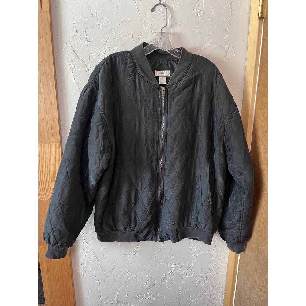 Bogari Mens Black 100% Silk Quilted Bomber Jacket Full Zip Diamond Pattern L‎